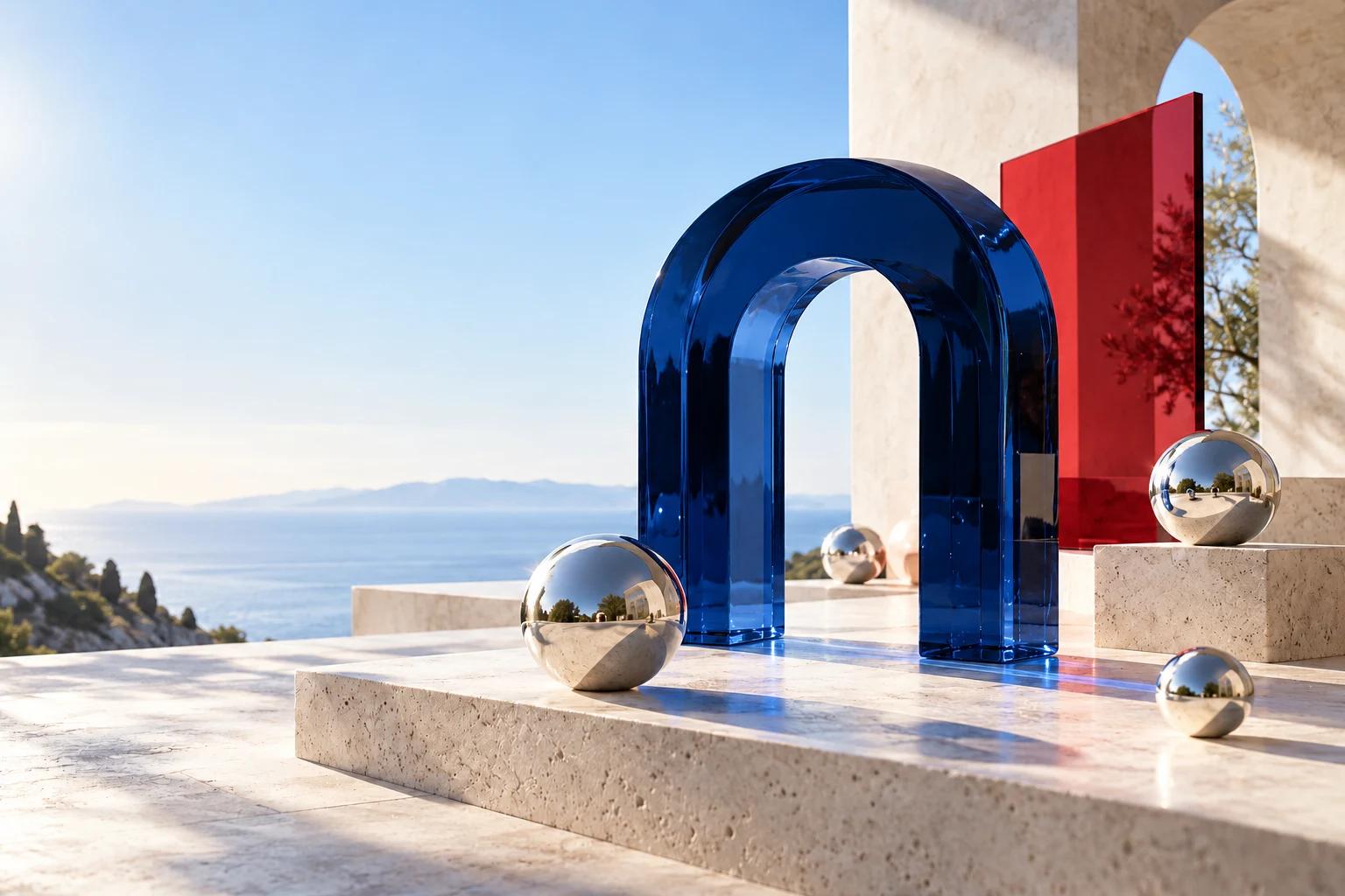Sculptural blue glass arch and red glass panel on white stone in sunlight